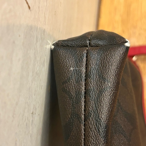 Coach Signature Coated Canvas Dark Brown and Red Crossbody Bag - Picture 8 of 16